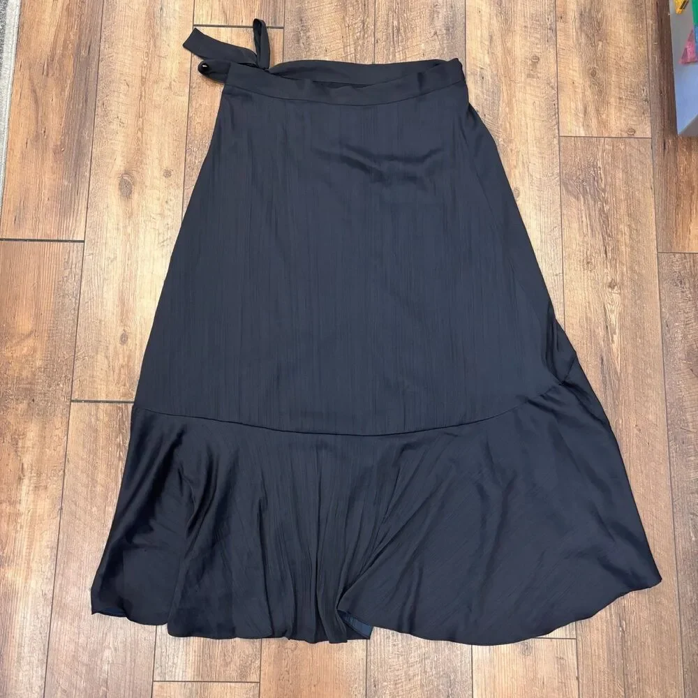 Anthropologie Maeve Ruffled Wrap Maxi Skirt Size XL in Black Blue Side Tie Flowy